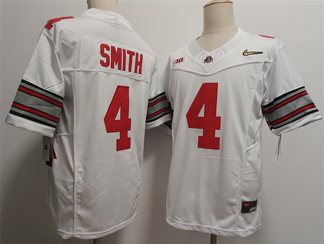 Men's Ohio State Buckeyes #4 Jeremiah Smith White 2025 Gold Logo F.U.S.E. Vapor Limited Stitched Football Jersey Men's Ohio State Buckeyes #4 Jeremiah Smith White 2025 Gold Logo F.U.S.E. Vapor Limited Stitched Football Jersey