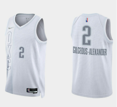 Men's Oklahoma City Thunder #2 Shai Gilgeous-Alexander 2021 22 City Edition White 75th Anniversary Stitched Basketball Jersey Men's Oklahoma City Thunder #2 Shai Gilgeous-Alexander 2021 22 City Edition White 75th Anniversary Stitched Basketball Jersey