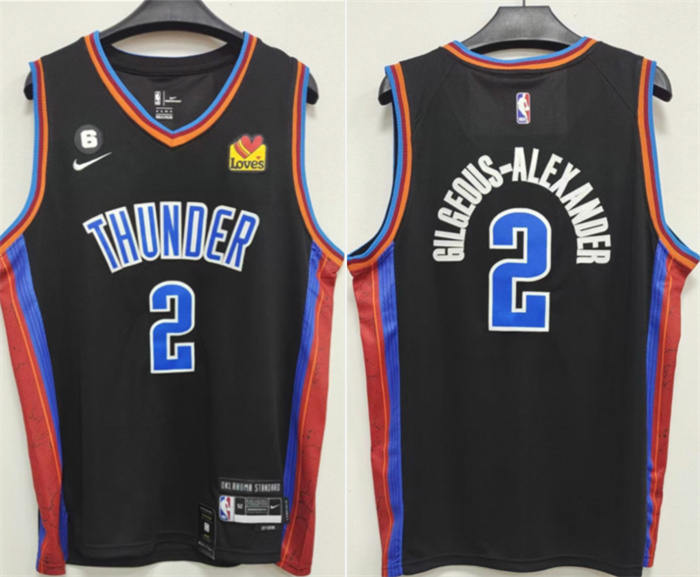 Men's Oklahoma City Thunder #2 Shai Gilgeous-Alexander Black With NO.6 Patch Stitched Basketball Jersey Men's Oklahoma City Thunder #2 Shai Gilgeous-Alexander Black With NO.6 Patch Stitched Basketball Jersey