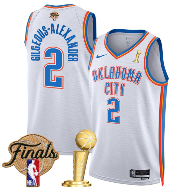 Men's Oklahoma City Thunder #2 Shai Gilgeous-Alexander White 2025 Finals Patch And Finals Champions Patch Association Edition Stitched Basketball Jersey Men's Oklahoma City Thunder #2 Shai Gilgeous-Alexander White 2025 Finals Patch And Finals Champions Patch Association Edition Stitched Basketball Jersey