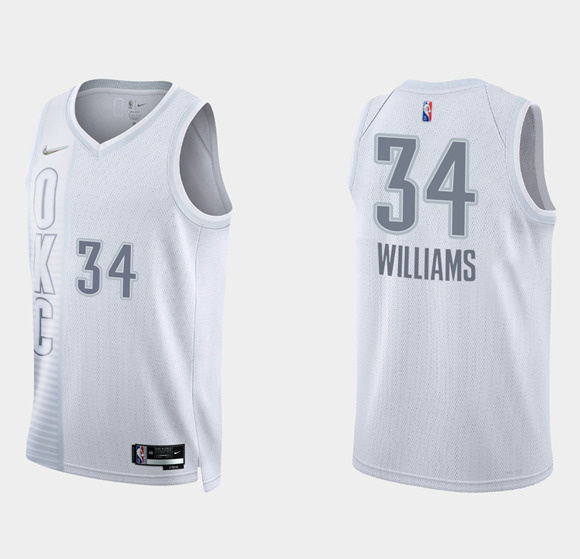 Men's Oklahoma City Thunder #34 Kenrich Williams 2021 22 City Edition White 75th Anniversary Stitched Basketball Jersey Men's Oklahoma City Thunder #34 Kenrich Williams 2021 22 City Edition White 75th Anniversary Stitched Basketball Jersey