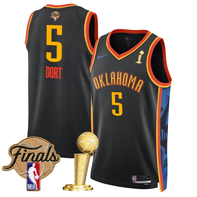 Men's Oklahoma City Thunder #5 Luguentz Dort Black 2025 Finals Patch And Finals Champions Patch City Edition Stitched Basketball Jersey Men's Oklahoma City Thunder #5 Luguentz Dort Black 2025 Finals Patch And Finals Champions Patch City Edition Stitched Basketball Jersey
