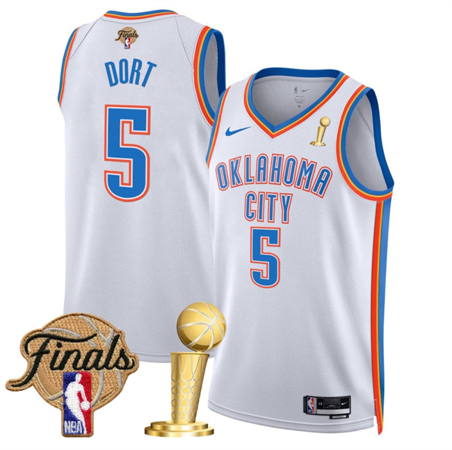Men's Oklahoma City Thunder #5 Luguentz Dort White 2025 Finals Patch And Finals Champions Patch Association Edition Stitched Basketball Jersey Men's Oklahoma City Thunder #5 Luguentz Dort White 2025 Finals Patch And Finals Champions Patch Association Edition Stitched Basketball Jersey