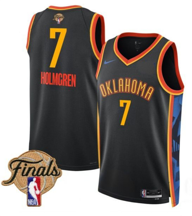 Men's Oklahoma City Thunder #7 Chet Holmgren Black 2025 Finals City Edition Stitched Basketball Jersey Men's Oklahoma City Thunder #7 Chet Holmgren Black 2025 Finals City Edition Stitched Basketball Jersey