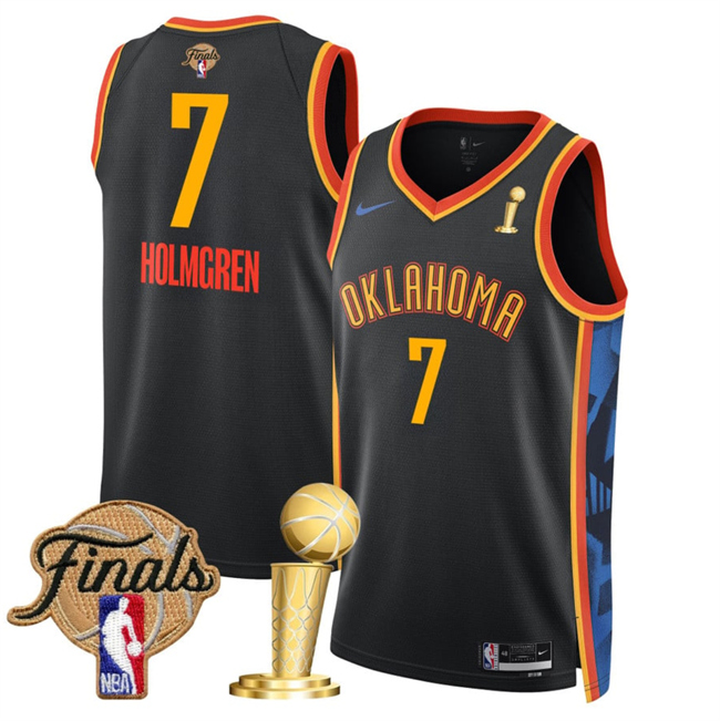 Men's Oklahoma City Thunder #7 Chet Holmgren Black 2025 Finals Patch And Finals Champions Patch City Edition Stitched Basketball Jersey Men's Oklahoma City Thunder #7 Chet Holmgren Black 2025 Finals Patch And Finals Champions Patch City Edition Stitched Basketball Jersey