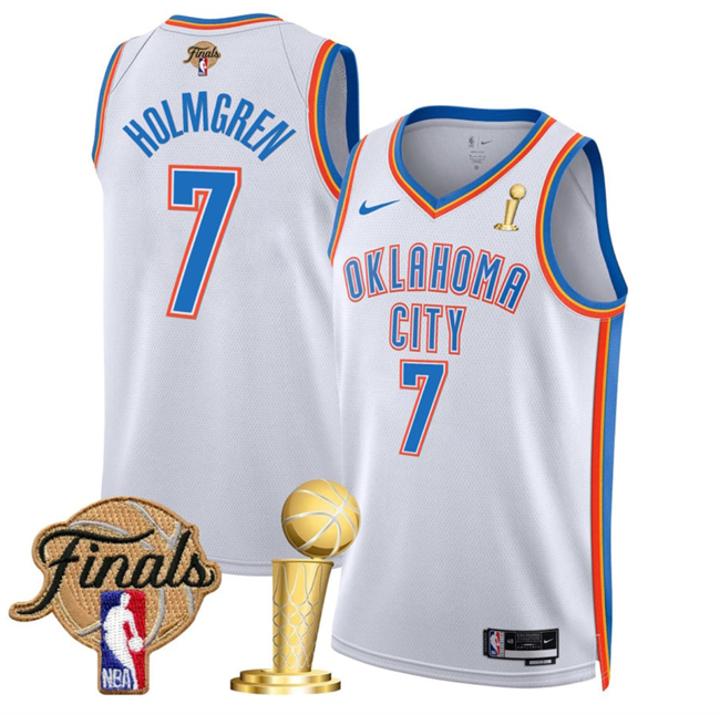 Men's Oklahoma City Thunder #7 Chet Holmgren White 2025 Finals Patch And Finals Champions Patch Association Edition Stitched Basketball Jersey Men's Oklahoma City Thunder #7 Chet Holmgren White 2025 Finals Patch And Finals Champions Patch Association Edition Stitched Basketball Jersey