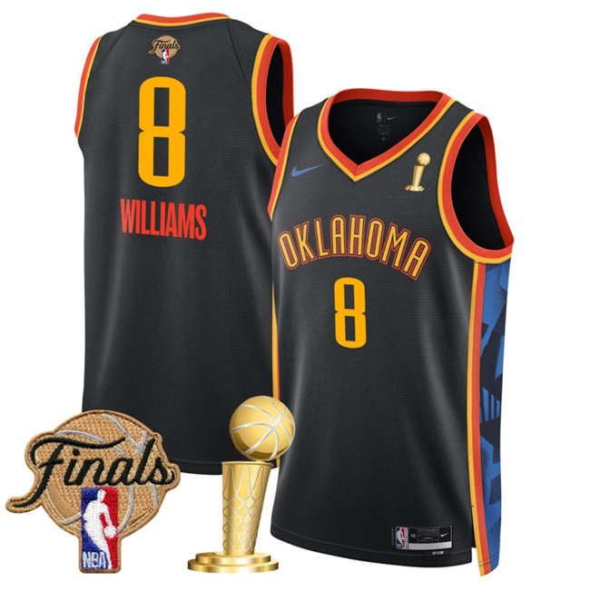 Men's Oklahoma City Thunder #8 Jalen Williams Black 2025 Finals Patch And Finals Champions Patch City Edition Stitched Basketball Jersey Men's Oklahoma City Thunder #8 Jalen Williams Black 2025 Finals Patch And Finals Champions Patch City Edition Stitched Basketball Jersey