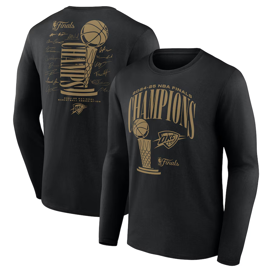 Men's Oklahoma City Thunder Black 2025 Finals Champions Double Dribble Long Sleeve T-Shirt Men's Oklahoma City Thunder Black 2025 Finals Champions Double Dribble Long Sleeve T-Shirt