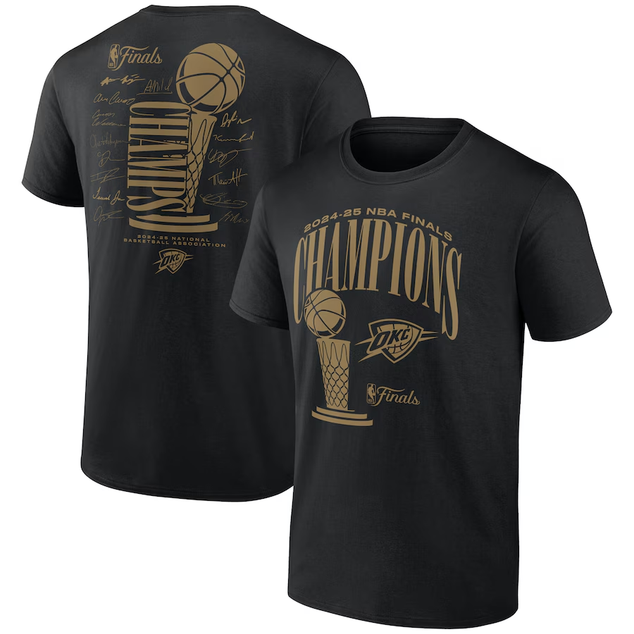 Men's Oklahoma City Thunder Black 2025 Finals Champions Double Dribble Roster Trophy T-Shirt Men's Oklahoma City Thunder Black 2025 Finals Champions Double Dribble Roster Trophy T-Shirt