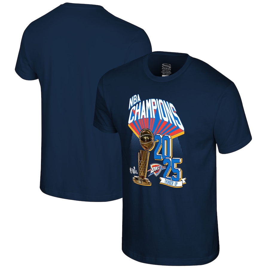 Men's Oklahoma City Thunder Navy 2025 Finals Champions Battle Tested T-Shirt Men's Oklahoma City Thunder Navy 2025 Finals Champions Battle Tested T-Shirt
