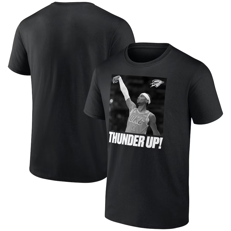 Men's Oklahoma City Thunder Shai Gilgeous-Alexander Black 2025 Finals Champions Celebration T-Shirt Men's Oklahoma City Thunder Shai Gilgeous-Alexander Black 2025 Finals Champions Celebration T-Shirt