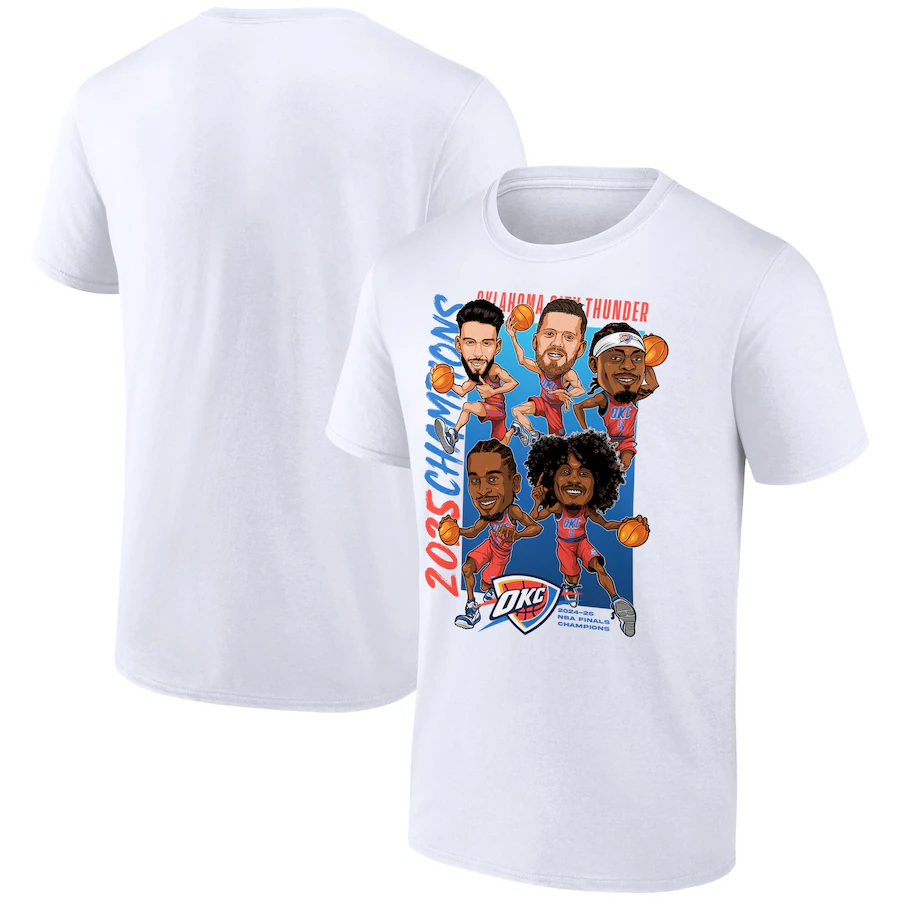 Men's Oklahoma City Thunder White 2025 Finals Champions Caricature Full Court T-Shirt Men's Oklahoma City Thunder White 2025 Finals Champions Caricature Full Court T-Shirt