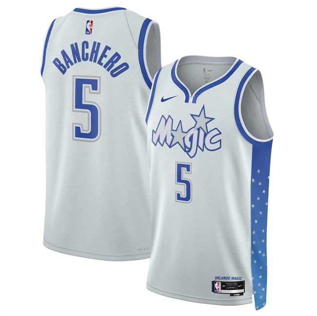 Men's Orlando Magic #5 Paolo Banchero Silver 2025 26 City Edition Stitched Basketball Jersey Men's Orlando Magic #5 Paolo Banchero Silver 2025 26 City Edition Stitched Basketball Jersey