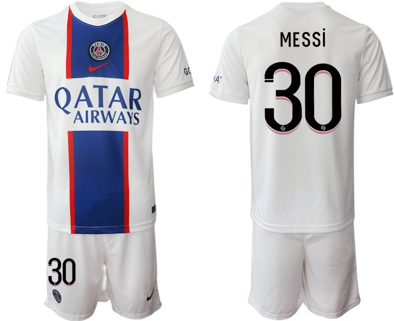 Men's Paris Saint-Germain #30 Lionel Messi 2023 White Away Soccer Jersey Suit Men's Paris Saint-Germain #30 Lionel Messi 2023 White Away Soccer Jersey Suit