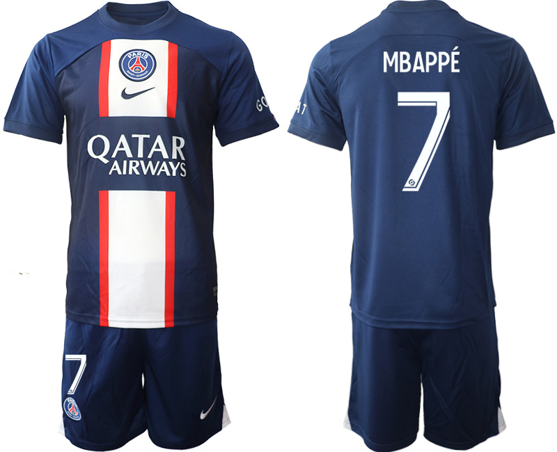 Men's Paris Saint-Germain #7 Mbappé 2023 Navy Home Soccer Jersey Suit Men's Paris Saint-Germain #7 Mbappé 2023 Navy Home Soccer Jersey Suit