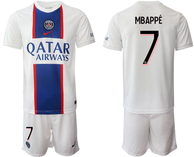 Men's Paris Saint-Germain #7 Mbappé 2023 White Away Soccer Jersey Suit Men's Paris Saint-Germain #7 Mbappé 2023 White Away Soccer Jersey Suit