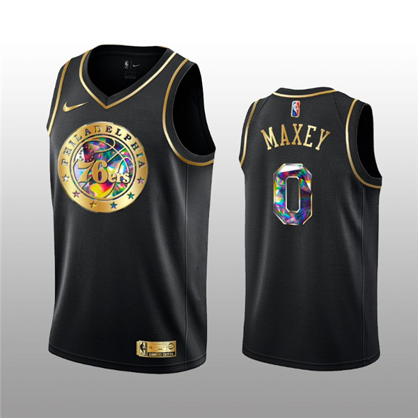 Men's Philadelphia 76ers #0 Tyrese Maxey 2021 22 Black Golden Edition 75th Anniversary Diamond Logo Stitched Basketball Jersey Men's Philadelphia 76ers #0 Tyrese Maxey 2021 22 Black Golden Edition 75th Anniversary Diamond Logo Stitched Basketball Jersey