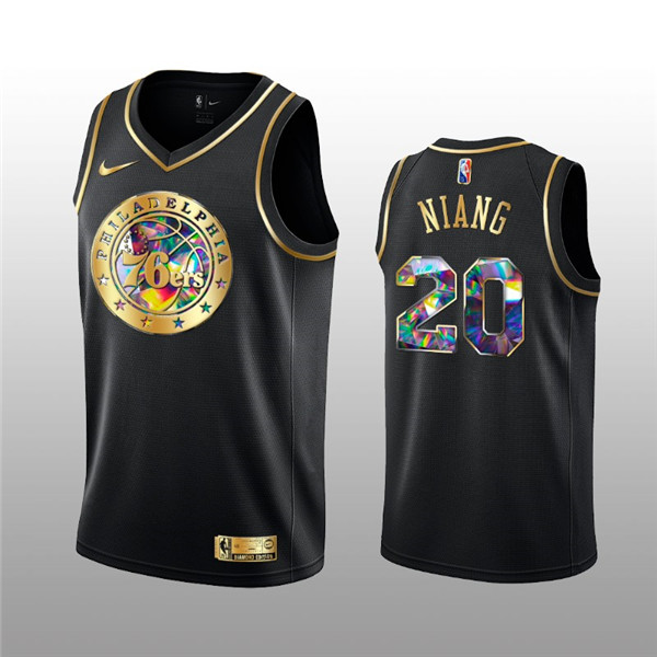 Men's Philadelphia 76ers #20 Georges Niang 2021 22 Black Golden Edition 75th Anniversary Diamond Logo Stitched Basketball Jersey Men's Philadelphia 76ers #20 Georges Niang 2021 22 Black Golden Edition 75th Anniversary Diamond Logo Stitched Basketball Jersey