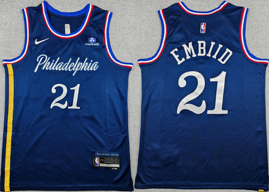 Men's Philadelphia 76ers #21 Joel Embiid Navy 2025-26 City Edition Stitched Jersey