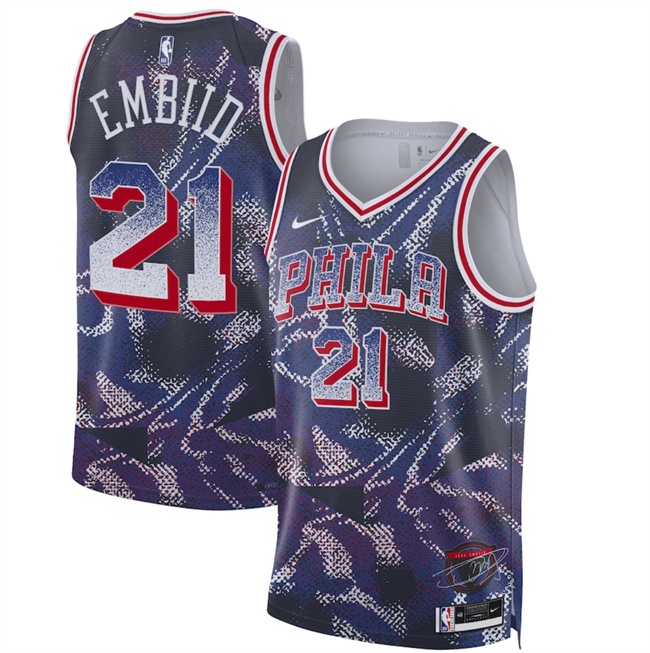 Men's Philadelphia 76ers #21 Joel Embiid Navy 2025 Select Series Swingman Stitched Basketball Jersey Men's Philadelphia 76ers #21 Joel Embiid Navy 2025 Select Series Swingman Stitched Basketball Jersey