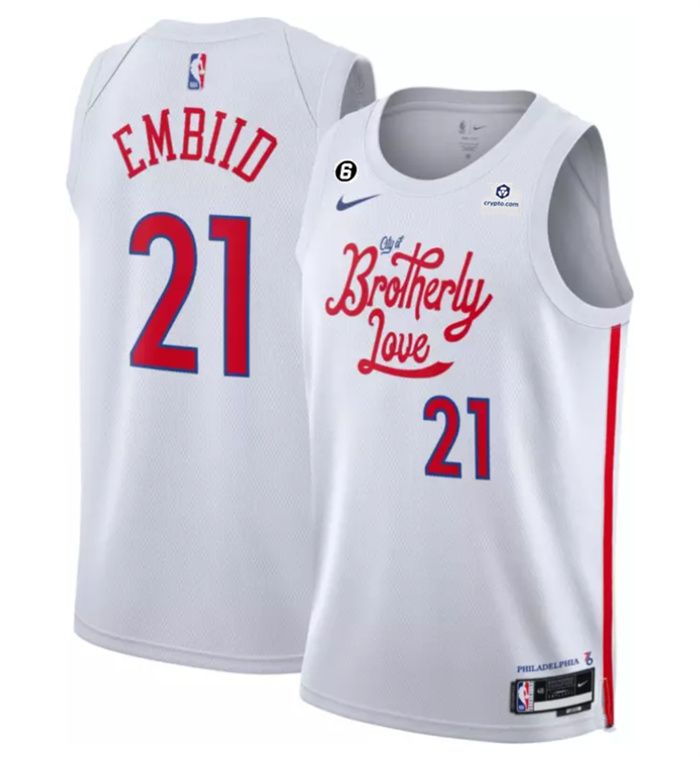 Men's Philadelphia 76ers #21 Joel Embiid White 2022 23 City Edition With NO.6 Patch Stitched Basketball Jersey Men's Philadelphia 76ers #21 Joel Embiid White 2022 23 City Edition With NO.6 Patch Stitched Basketball Jersey