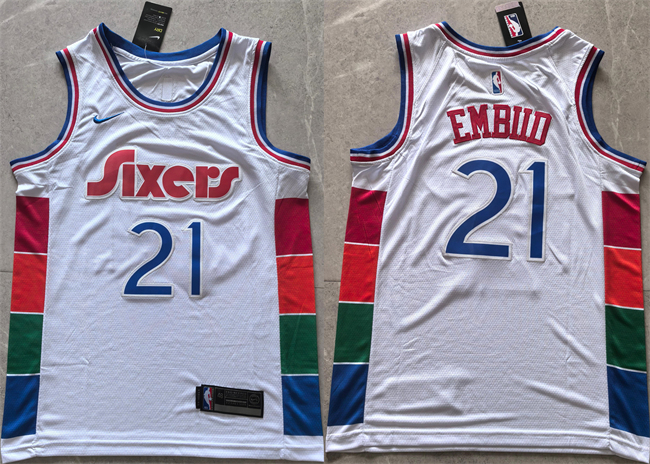 Men's Philadelphia 76ers #21 Joel Embiid White 2024 25 City Edition Stitched Jersey Men's Philadelphia 76ers #21 Joel Embiid White 2024 25 City Edition Stitched Jersey