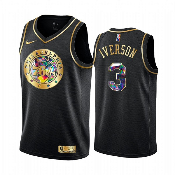Men's Philadelphia 76ers #3 Allen Iverson 2021 22 Black Golden Edition 75th Anniversary Diamond Logo Stitched Basketball Jersey Men's Philadelphia 76ers #3 Allen Iverson 2021 22 Black Golden Edition 75th Anniversary Diamond Logo Stitched Basketball Jersey