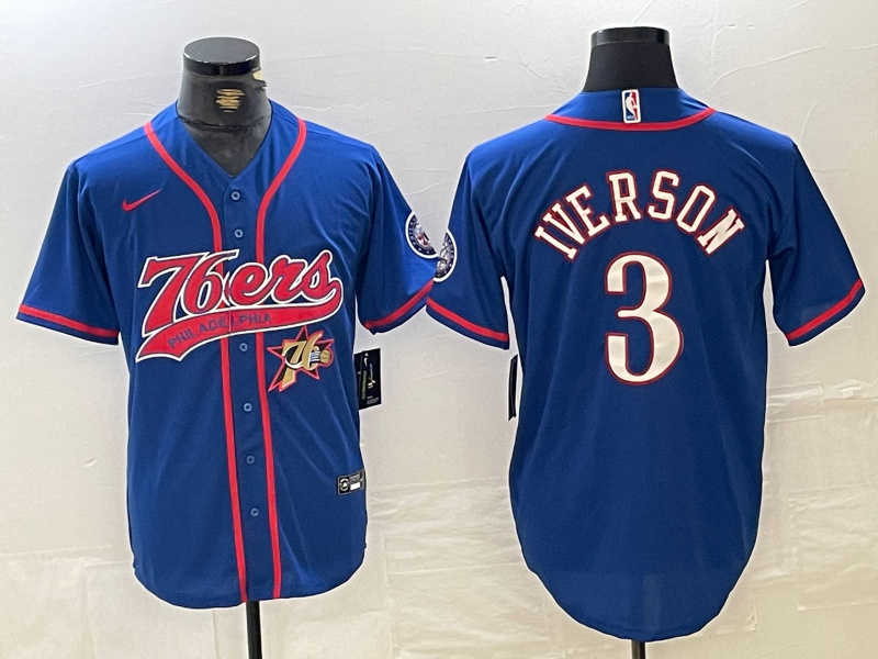 Men's Philadelphia 76ers #3 Allen Iverson Royal Cool Base Stitched Baseball Jersey Men's Philadelphia 76ers #3 Allen Iverson Royal Cool Base Stitched Baseball Jersey