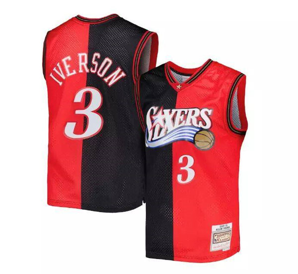 Men's Philadelphia 76ers #3 Allen Iverson Split Red Black 2000-01 Mitchell & Ness Stitched Basketball Jersey Men's Philadelphia 76ers #3 Allen Iverson Split Red Black 2000-01 Mitchell & Ness Stitched Basketball Jersey