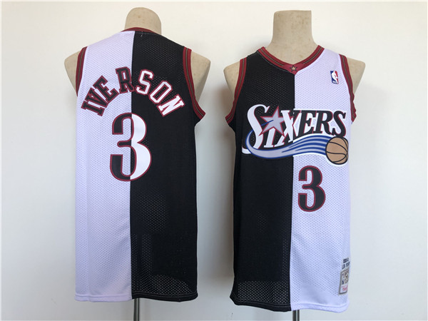 Men's Philadelphia 76ers #3 Allen Iverson White Black Splite Throwback Basketball Jersey Men's Philadelphia 76ers #3 Allen Iverson White Black Splite Throwback Basketball Jersey