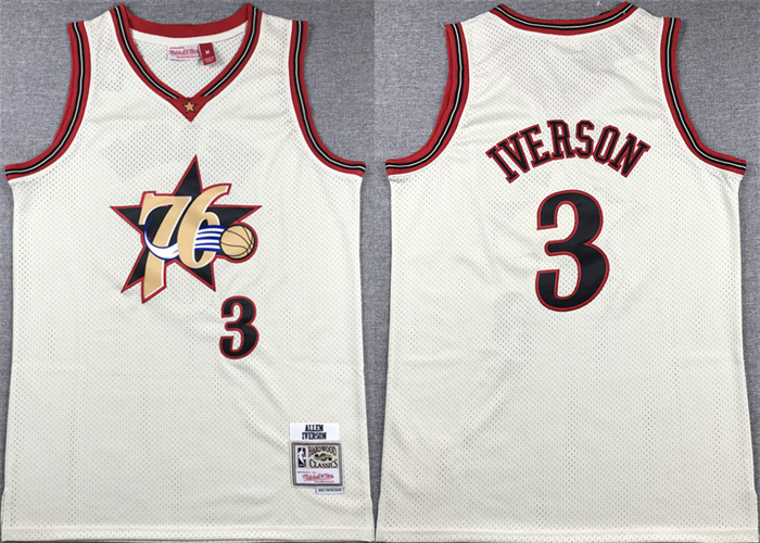 Men's Philadelphia 76ers #3 Allen Iverson White Throwback Stitched Basketball Jersey Men's Philadelphia 76ers #3 Allen Iverson White Throwback Stitched Basketball Jersey