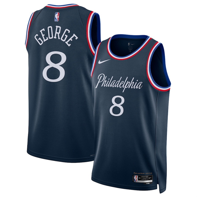 Men's Philadelphia 76ers #8 Paul George Navy 2025 26 City Edition Stitched Jersey Men's Philadelphia 76ers #8 Paul George Navy 2025 26 City Edition Stitched Jersey