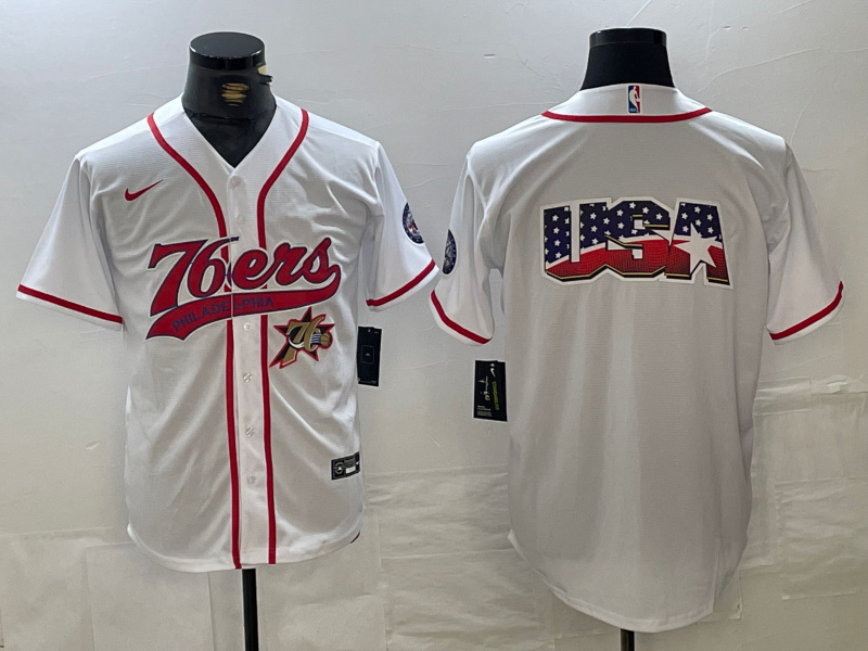 Men's Philadelphia 76ers Blank White Cool Base Stitched Baseball Jersey