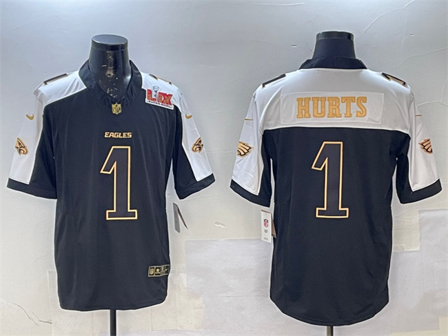 Men's Philadelphia Eagles #1 Jalen Hurts Black Gold 2025 Super Bowl LIX Patch New F.U.S.E. Vapor Untouchable Limited Stitched Football Jersey Men's Philadelphia Eagles #1 Jalen Hurts Black Gold 2025 Super Bowl LIX Patch New F.U.S.E. Vapor Untouchable Limited Stitched Football Jersey