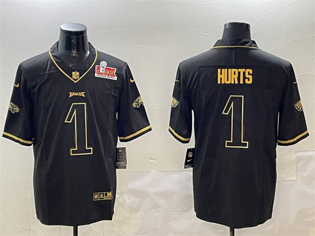 Men's Philadelphia Eagles #1 Jalen Hurts Black Gold 2025 Super Bowl LIX Patch Salute To Service Vapor Untouchable Limited Stitched Football Jersey Men's Philadelphia Eagles #1 Jalen Hurts Black Gold 2025 Super Bowl LIX Patch Salute To Service Vapor Untouchable Limited Stitched Football Jersey