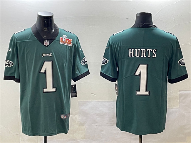 Men's Philadelphia Eagles #1 Jalen Hurts Green 2025 Super Bowl LIX Patch Vapor Untouchable Limited Stitched Football Jersey