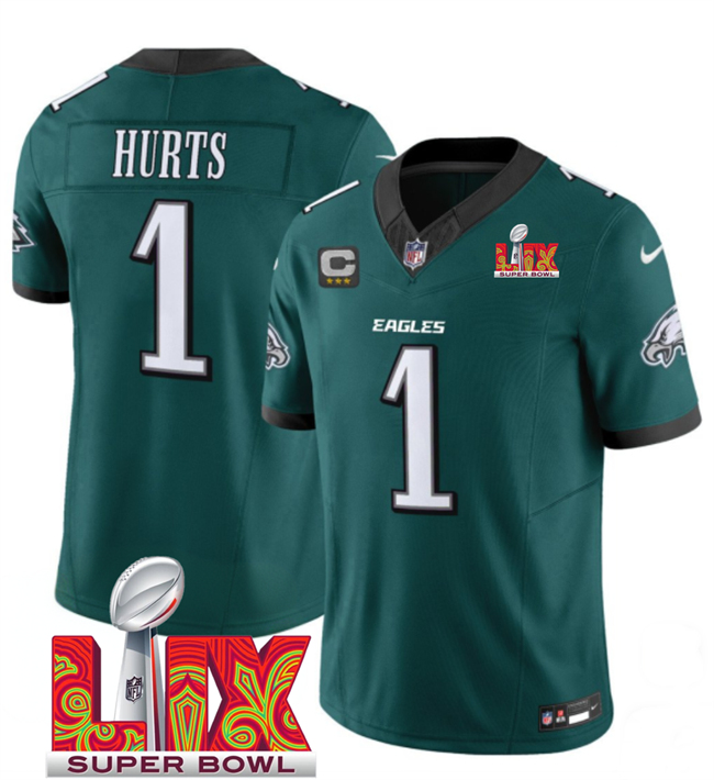 Men's Philadelphia Eagles #1 Jalen Hurts Green 2025 Super Bowl LIX Patch With 3-Star C Patch New F.U.S.E. Vapor Untouchable Limited Stitched Football Jersey Men's Philadelphia Eagles #1 Jalen Hurts Green 2025 Super Bowl LIX Patch With 3-Star C Patch New F.U.S.E. Vapor Untouchable Limited Stitched Football Jersey