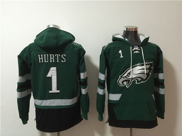 Men's Philadelphia Eagles #1 Jalen Hurts Green Ageless Must-Have Lace-Up Pullover Hoodie