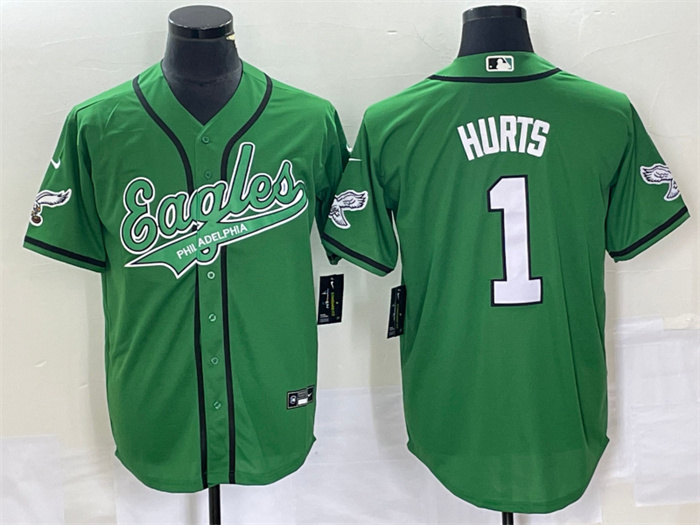 Men's Philadelphia Eagles #1 Jalen Hurts Green Cool Base Stitched Baseball Jersey Men's Philadelphia Eagles #1 Jalen Hurts Green Cool Base Stitched Baseball Jersey