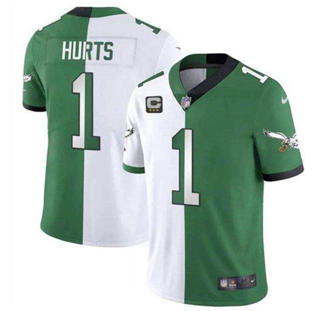 Men's Philadelphia Eagles #1 Jalen Hurts Green White Split 2025 With 3-Star C Patch Vapor Limited Stitched Football Jersey