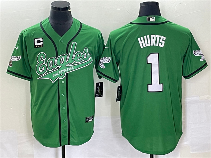 Men's Philadelphia Eagles #1 Jalen Hurts Green With C Patch Cool Base Stitched Baseball Jersey Men's Philadelphia Eagles #1 Jalen Hurts Green With C Patch Cool Base Stitched Baseball Jersey