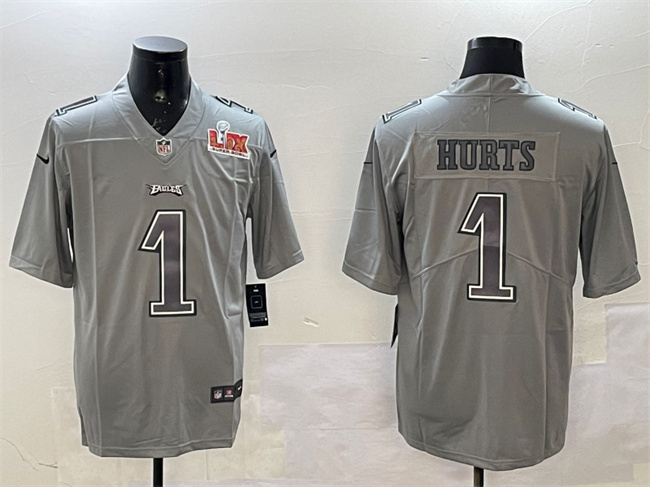 Men's Philadelphia Eagles #1 Jalen Hurts Grey 2025 Super Bowl LIX Patch Atmosphere Fashion Vapor Untouchable Limited Stitched Football Jersey Men's Philadelphia Eagles #1 Jalen Hurts Grey 2025 Super Bowl LIX Patch Atmosphere Fashion Vapor Untouchable Limited Stitched Football Jersey