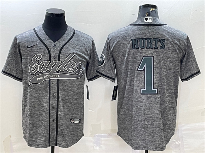 Men's Philadelphia Eagles #1 Jalen Hurts Grey With Patch Cool Base Stitched Baseball Jersey Men's Philadelphia Eagles #1 Jalen Hurts Grey With Patch Cool Base Stitched Baseball Jersey