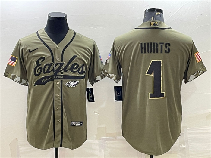 Men's Philadelphia Eagles #1 Jalen Hurts Olive 2022 Salute To Service Cool Base Stitched Baseball Jersey Men's Philadelphia Eagles #1 Jalen Hurts Olive 2022 Salute To Service Cool Base Stitched Baseball Jersey