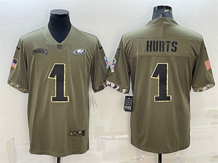 Men's Philadelphia Eagles #1 Jalen Hurts Olive 2022 Salute To Service Limited Stitched Jersey Men's Philadelphia Eagles #1 Jalen Hurts Olive 2022 Salute To Service Limited Stitched Jersey