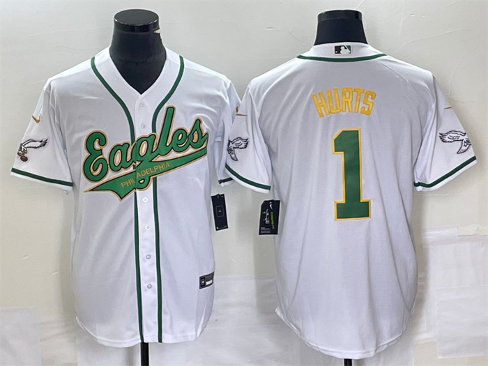 Men's Philadelphia Eagles #1 Jalen Hurts White Gold Cool Base Stitched Baseball Jersey Men's Philadelphia Eagles #1 Jalen Hurts White Gold Cool Base Stitched Baseball Jersey