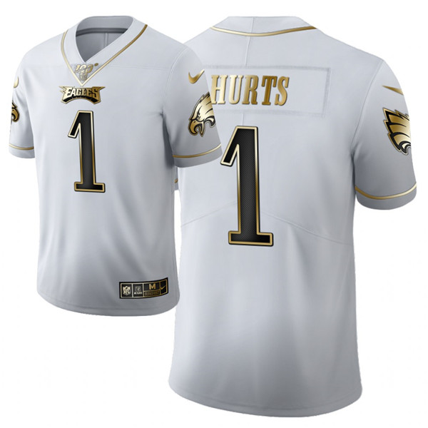 Men's Philadelphia Eagles #1 Jalen Hurts White Golden Limited Jersey
