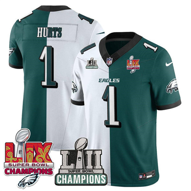 Men's Philadelphia Eagles #1 Jalen Hurts White Green Split 2025 LII-LIX Super Bowl Champions Patch F.U.S.E. Vapor Untouchable Limited Stitched Football Jersey Men's Philadelphia Eagles #1 Jalen Hurts White Green Split 2025 LII-LIX Super Bowl Champions Patch F.U.S.E. Vapor Untouchable Limited Stitched Football Jersey