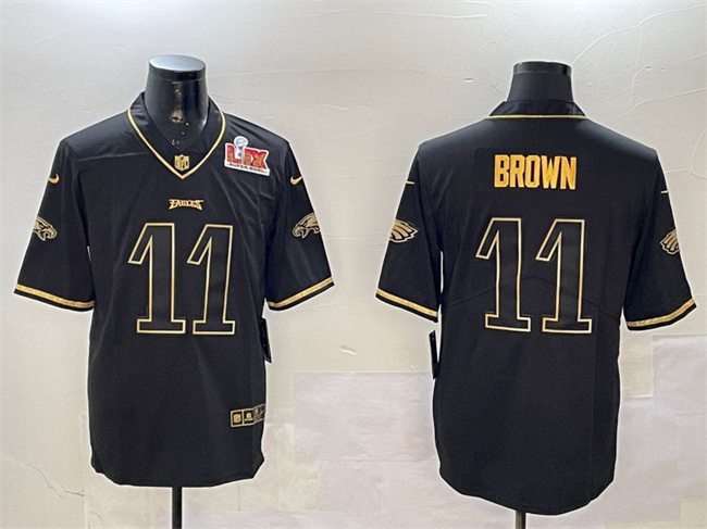 Men's Philadelphia Eagles #11 A. J. Brown Black Gold 2025 Super Bowl LIX Patch Salute To Service Vapor Untouchable Limited Stitched Football Jersey Men's Philadelphia Eagles #11 A. J. Brown Black Gold 2025 Super Bowl LIX Patch Salute To Service Vapor Untouchable Limited Stitched Football Jersey