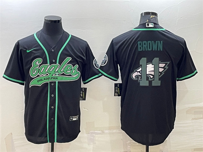 Men's Philadelphia Eagles #11 A. J. Brown Black Team Big Logo With Patch Cool Base Stitched Baseball Jersey Men's Philadelphia Eagles #11 A. J. Brown Black Team Big Logo With Patch Cool Base Stitched Baseball Jersey